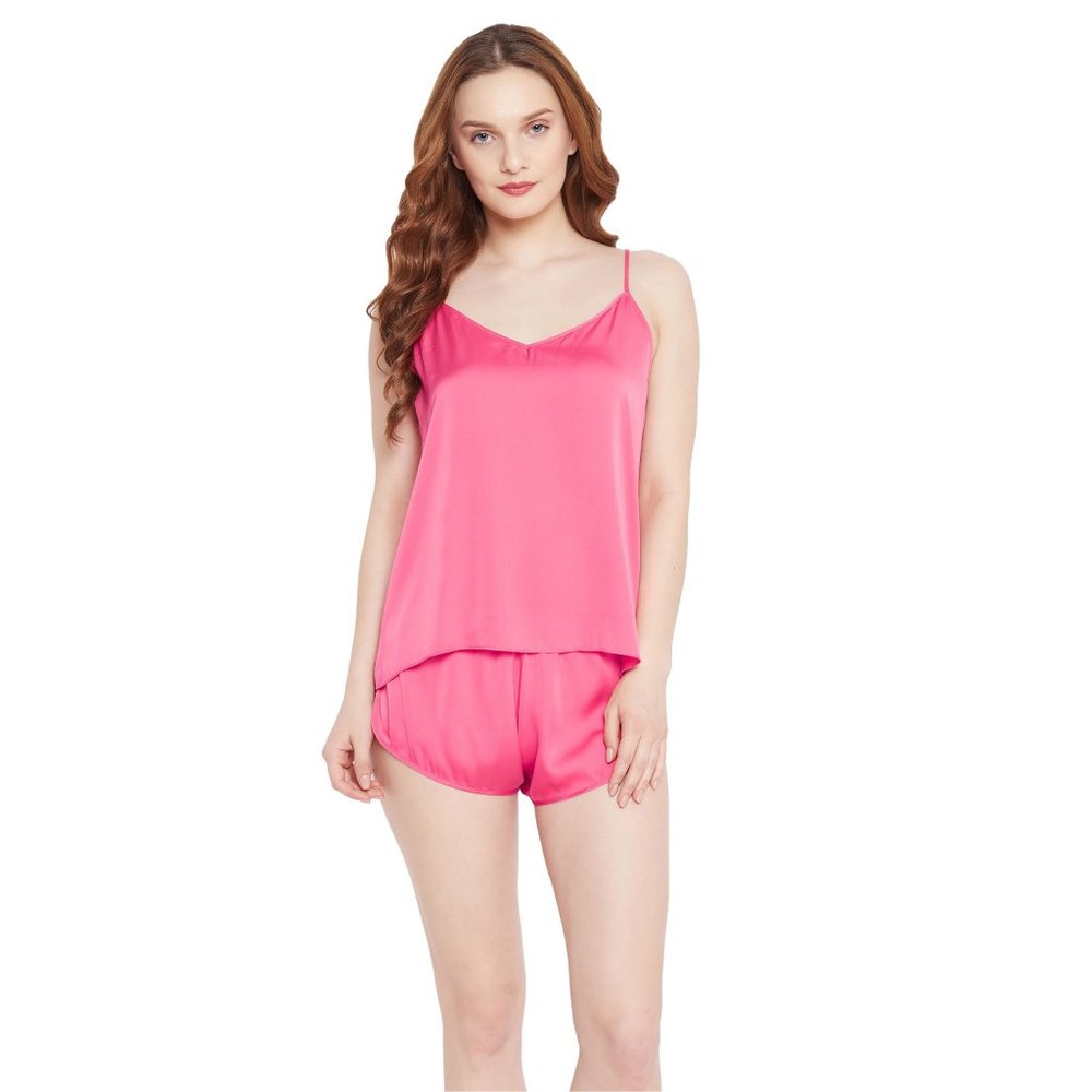 Solid Parasite Pink 2 Pcs Satin Shorts Sleepwear for Women - Picture 2 of 7